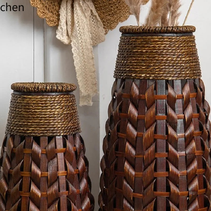 Retro Woven Rattan & Bamboo Glass Vase – Natural Dried Flower Basket