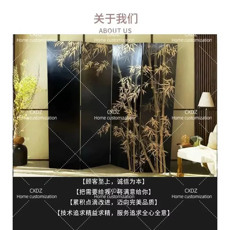 Hand-Painted Golden Bamboo Black Lacquer Folding Screen | 4-Panel Room Divider