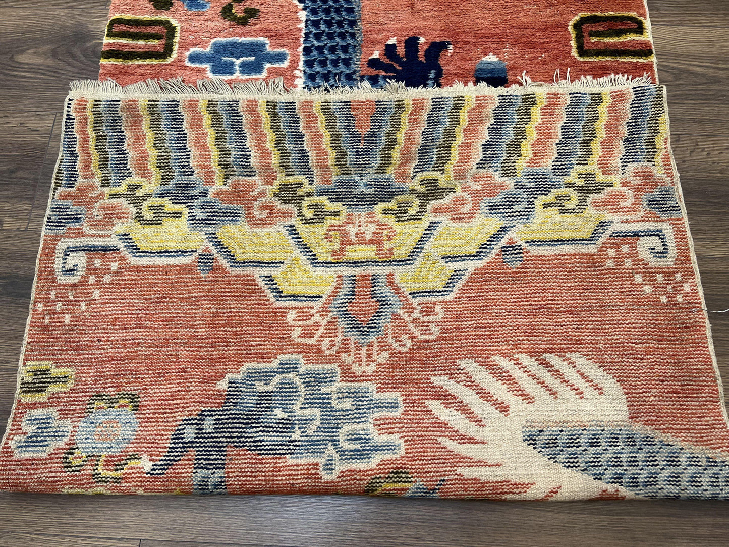 Alfombra de pilar china Ningxia rara de 3x8, finales de la dinastía Qing, dragón de 5 garras, borde de arcoíris de nubes, alfombra antigua coleccionable, lana anudada a mano