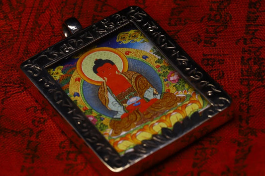 2"Tibetan Temple Collection Old Bronze Gilded silver Hand Painted Thangka Shakyamuni Buddha Pendant amulet Town House Exorcism