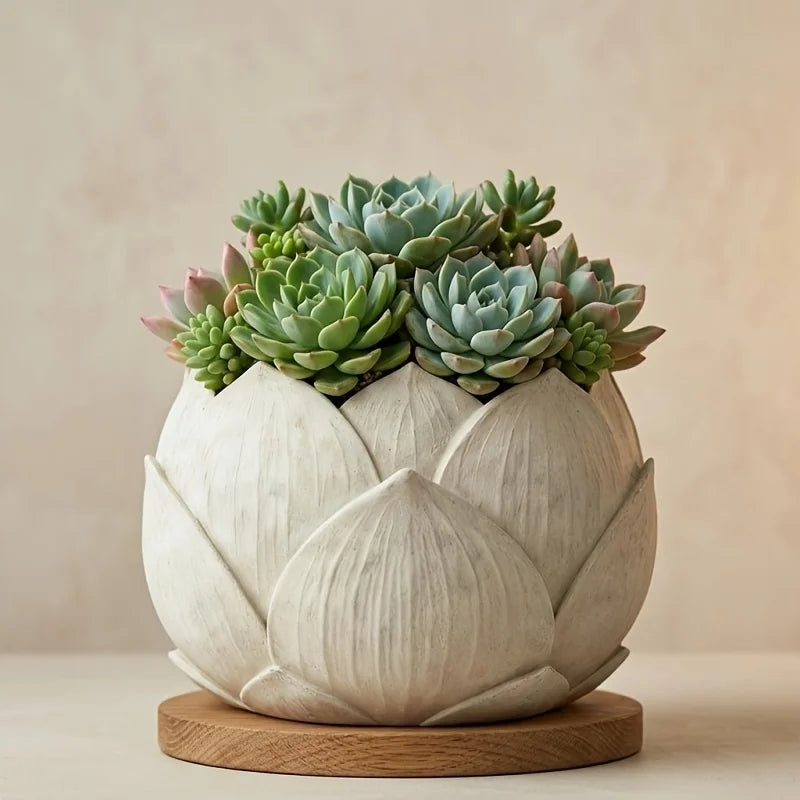 Creative Lotus Flower Resin Planter Pot – Zen Succulent & Cactus Window Sill Pot with Drain Hole