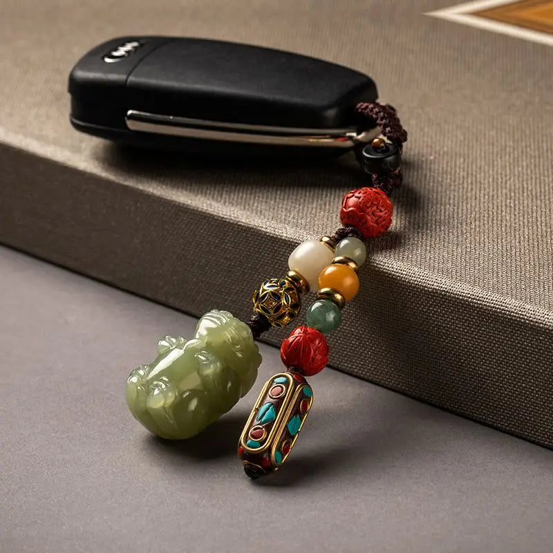 Pure hand-carved Hetian jade pendant Pixiu car keychain male simple female natal year gift