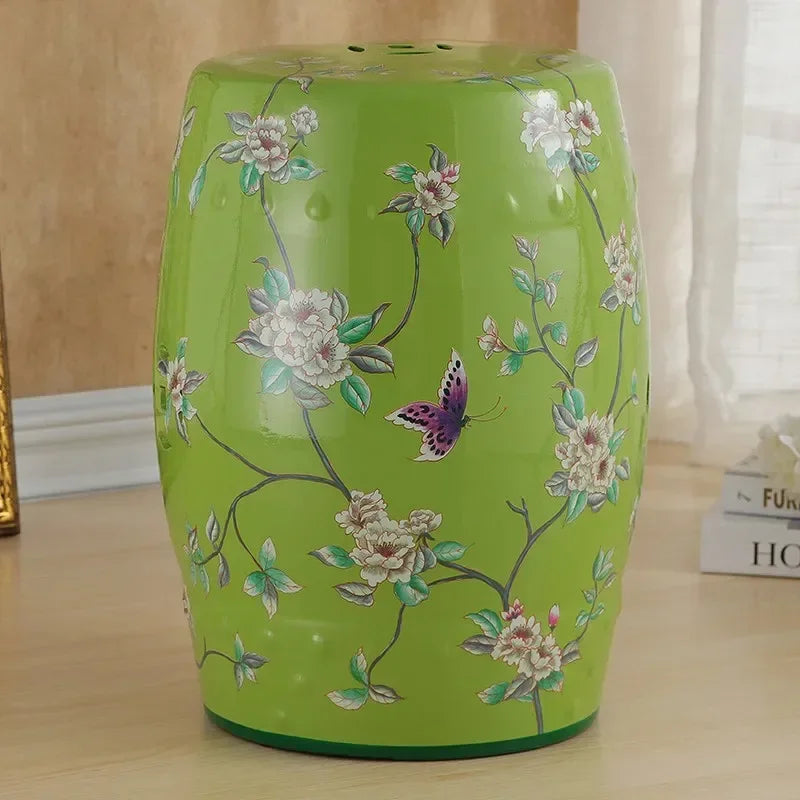 Hand-Painted Ceramic Drum Stool with Floral Bird Motif – Porcelain Oriental Accent Ottoman for Living Room or Entryway