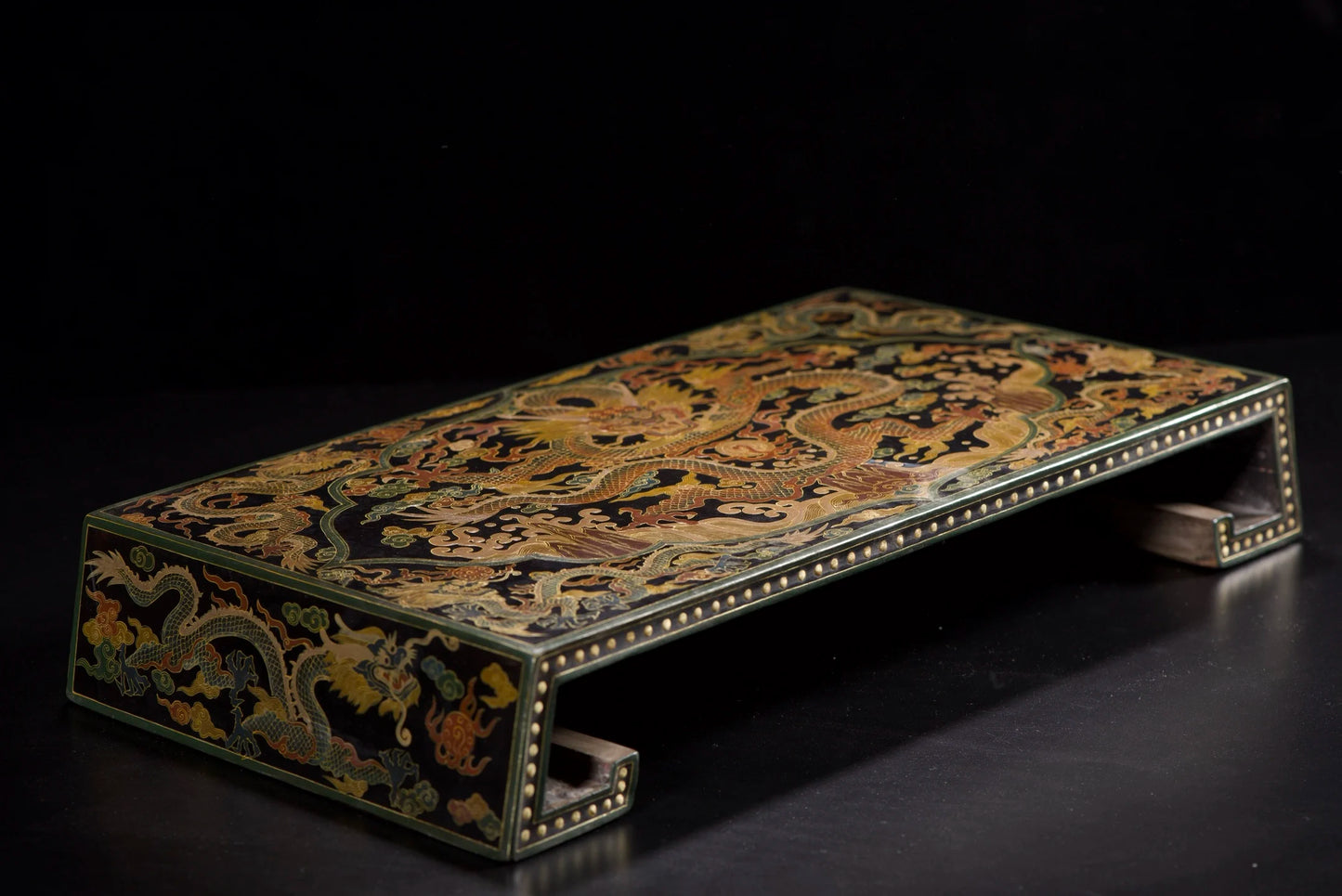 Vintage Chinese Wooden Lacquerware Altar Tea Table Outlined in Gold Dragon Design