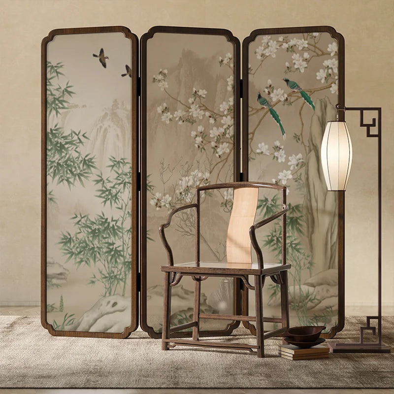 Zen Wood Folding Screen Partition | Floral & Bird Room Divider