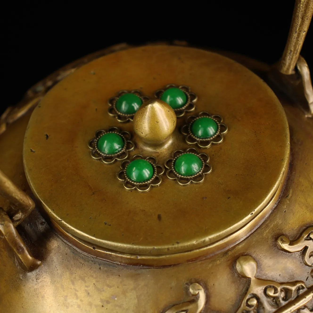 8"Tibetan Temple Collection Old Bronze Mosaic Gem Honesty teapot Handle pot kettle flagon Office Ornaments Town House