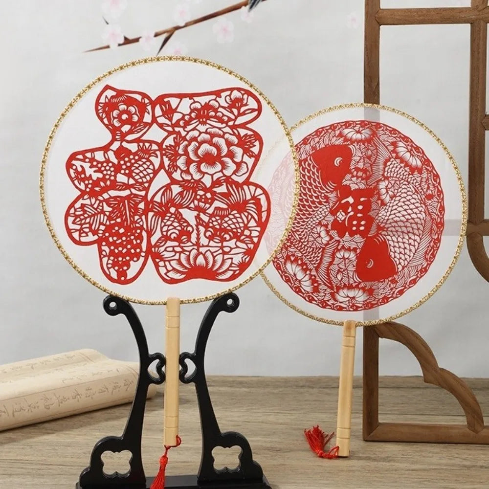 Chinese Paper-Cut Silk Hand Fan with Tassel