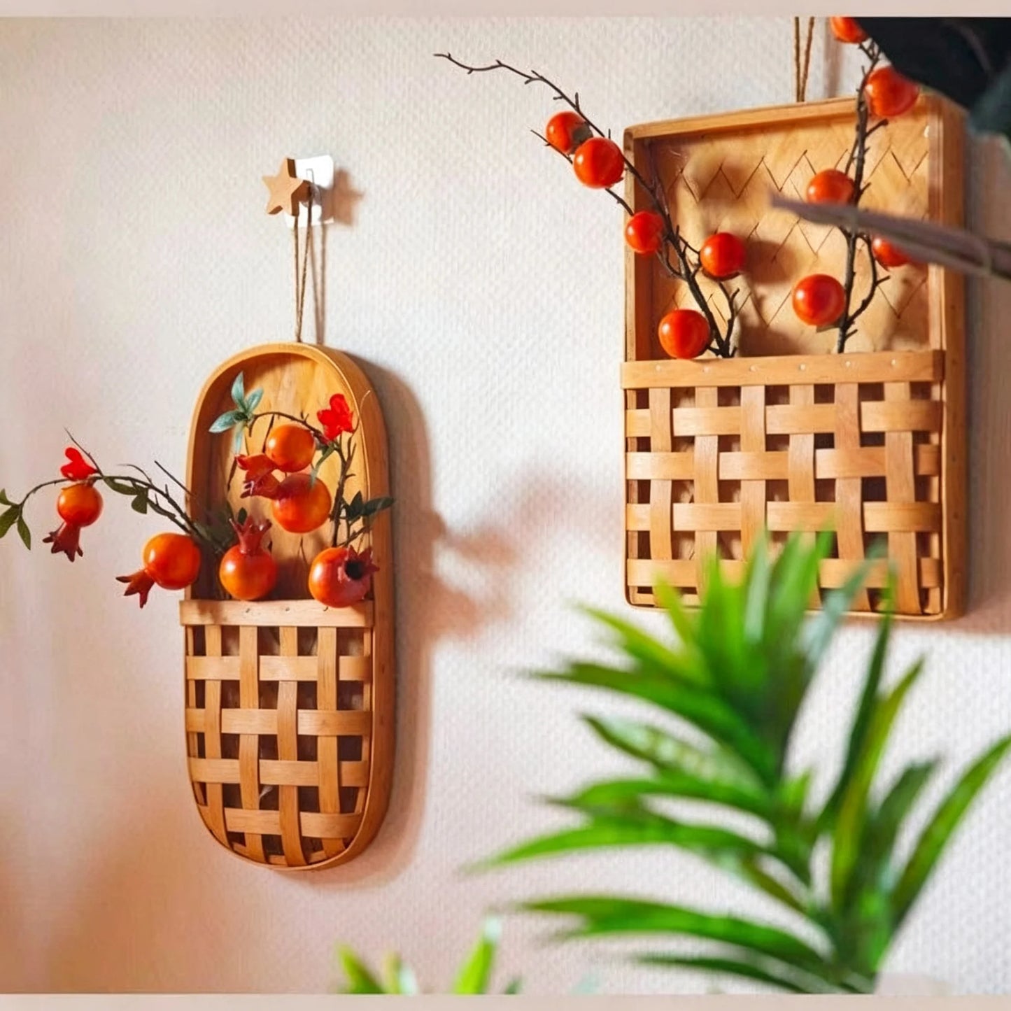Hand-Woven Bamboo Wall Hanging Basket – Farmhouse Wall Pocket Planter