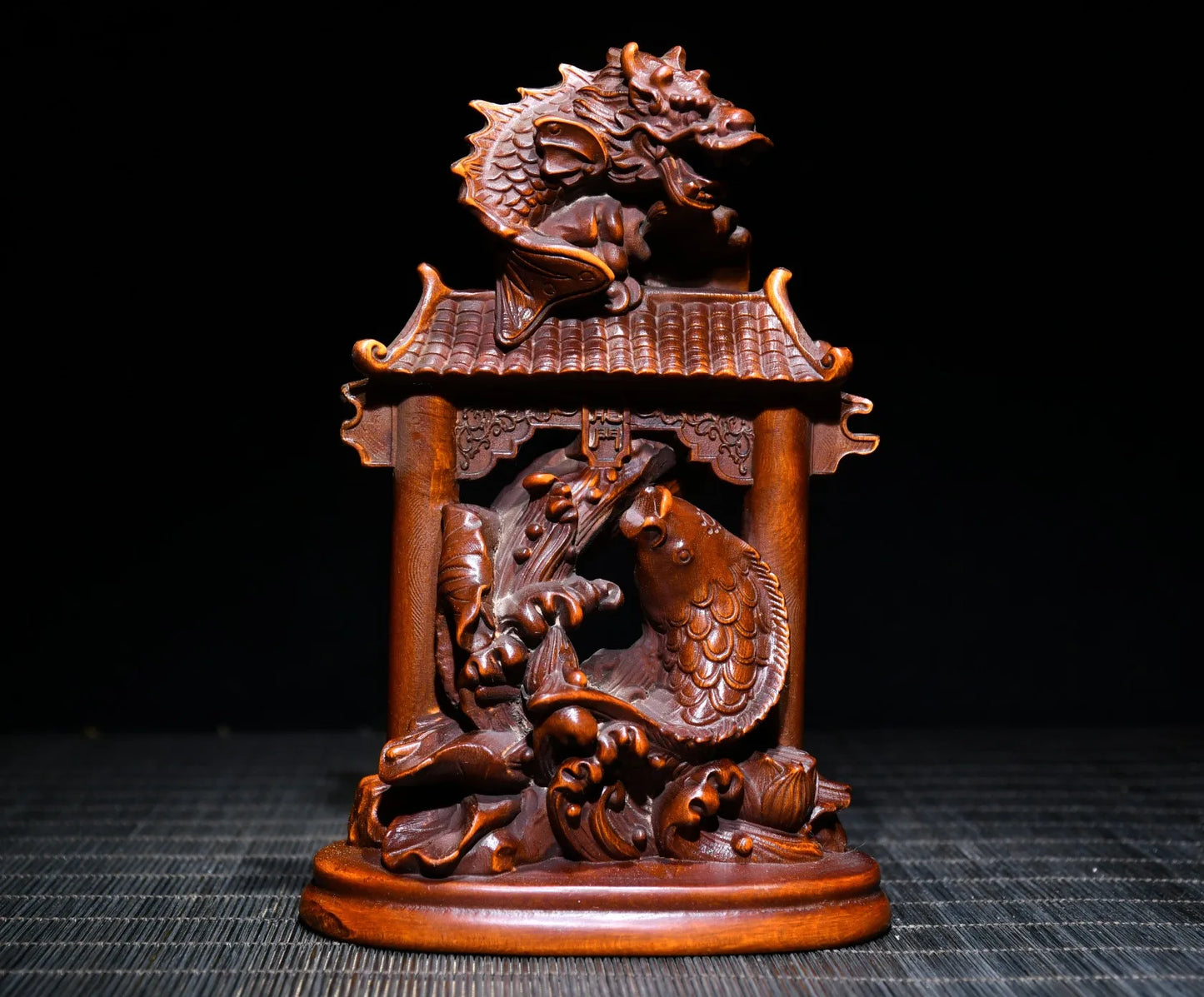 Tibetan Temple Boxwood Carp & Dragon Gate – Promotion & Prosperity Desk Ornament (6")