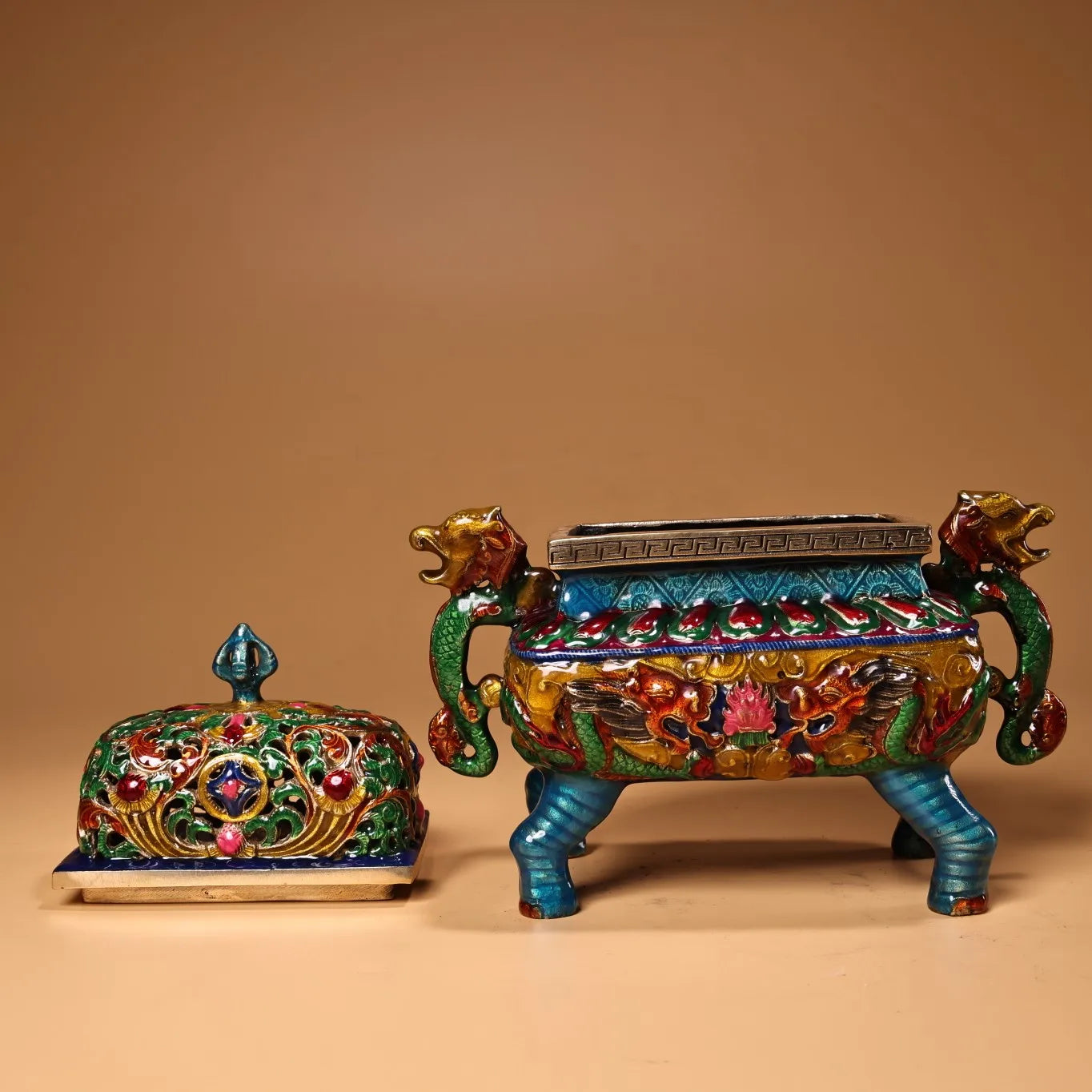 Temple Collection Bronze Cloisonné Phoenix Censer – Hollow-Cover Dragon-Ear Incense Burner