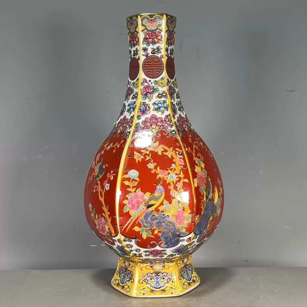 Ceramic Vase with Enamel Flowers and Birds