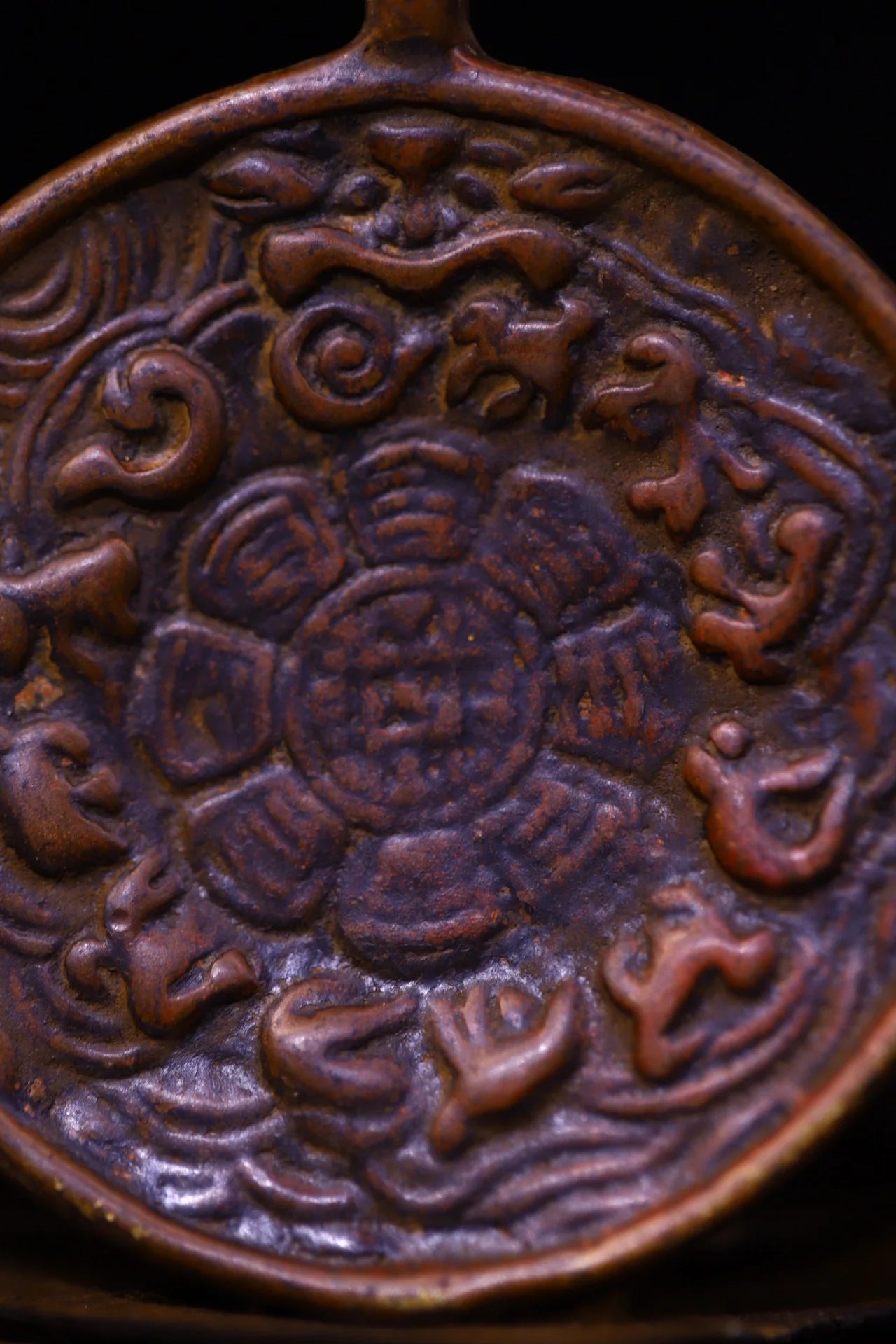 Tibetan Temple Bronze & Cinnabar Dragon Amulet – Buddha Card Pendant