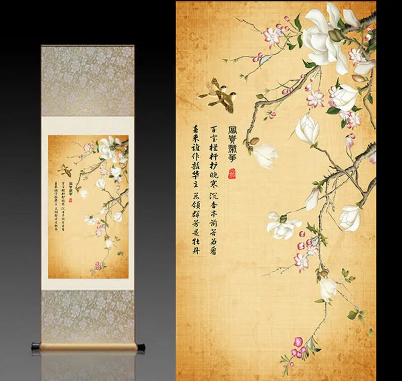 Magnolia & Swallow Chinese Silk Scroll Painting (30 × 100 cm)
