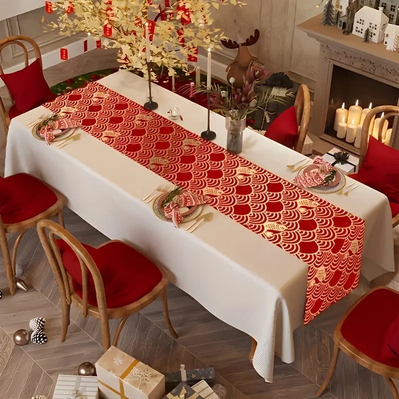 Chinese New Year Red Linen Table Runner – Festive Horse Zodiac Spring Festival Dining & Party Decor