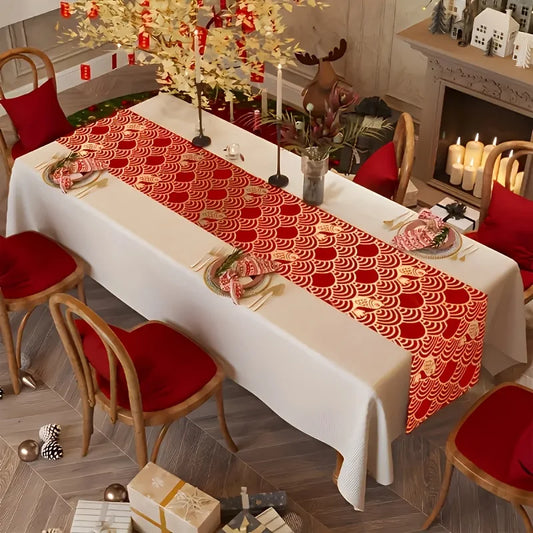 Chinese New Year Red Linen Table Runner – Festive Horse Zodiac Spring Festival Dining & Party Decor