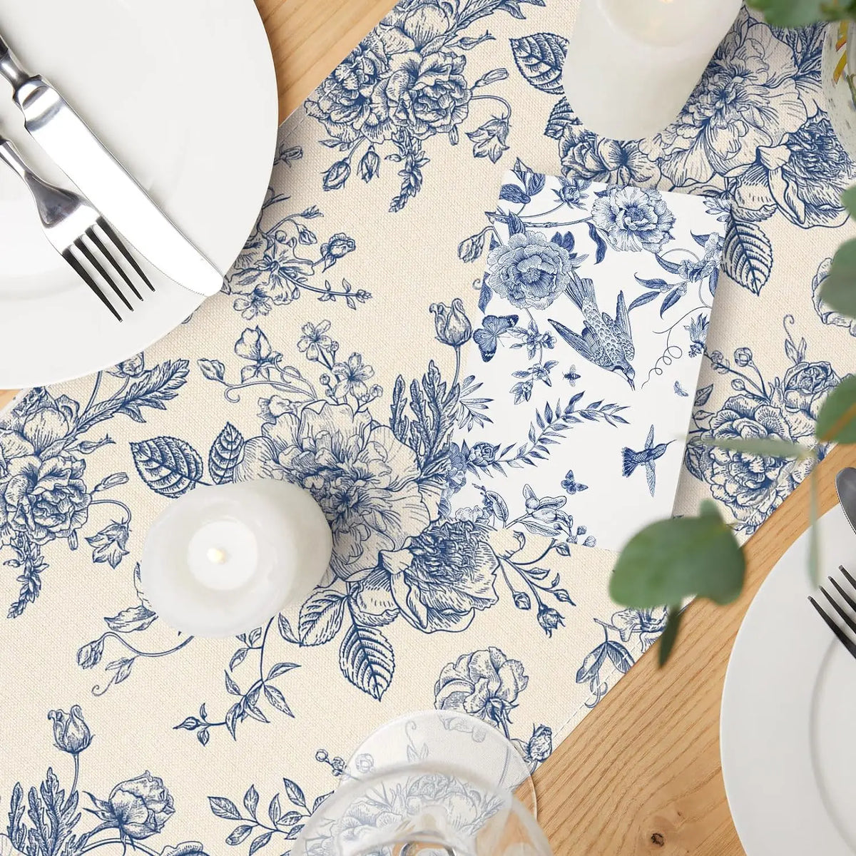 Chinoiserie Floral Linen Table Runner