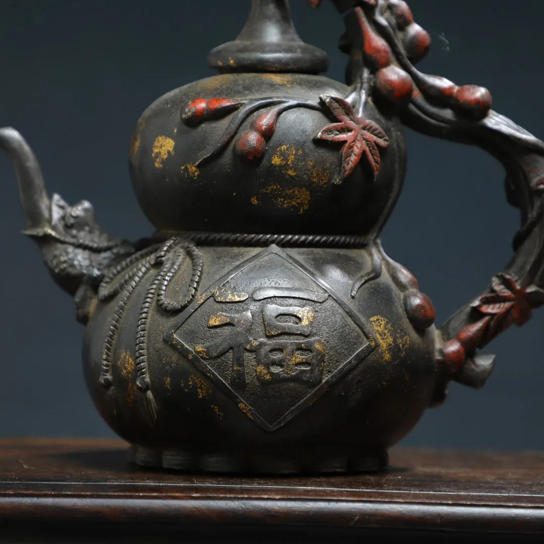 Bronze Cinnabar Gourd Fu-Hu Flagon – Temple Wealth Vessel