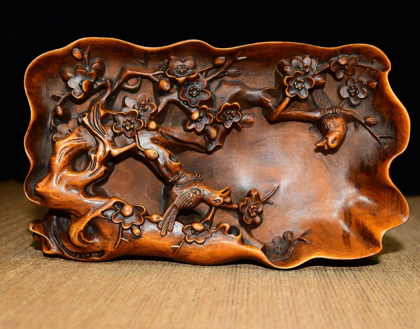 6"Tibetan Temple Collection Old Boxwood Magpie and Plum Blossom Statue Amass wealth Ornament