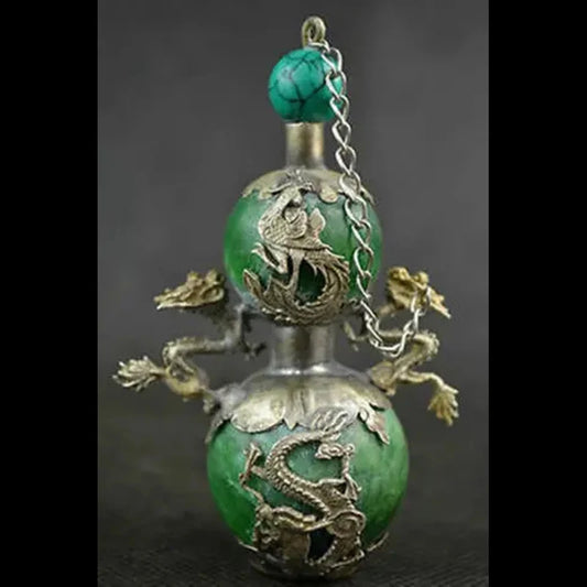 Exquisite Chinese Handmade Green Jade Snuff Bottle with Dragon & Phoenix Metal Design