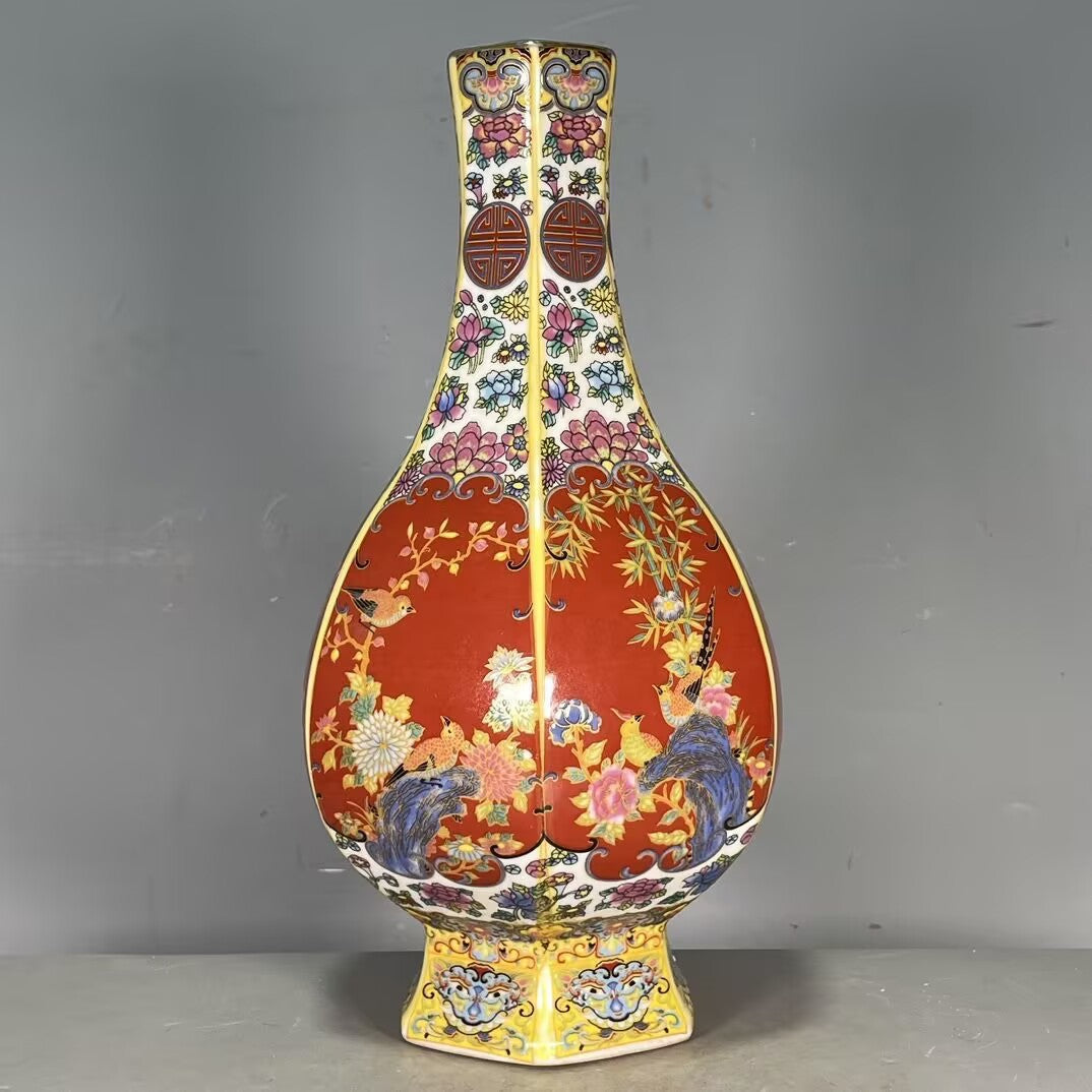 Ceramic Vase with Enamel Flowers and Birds
