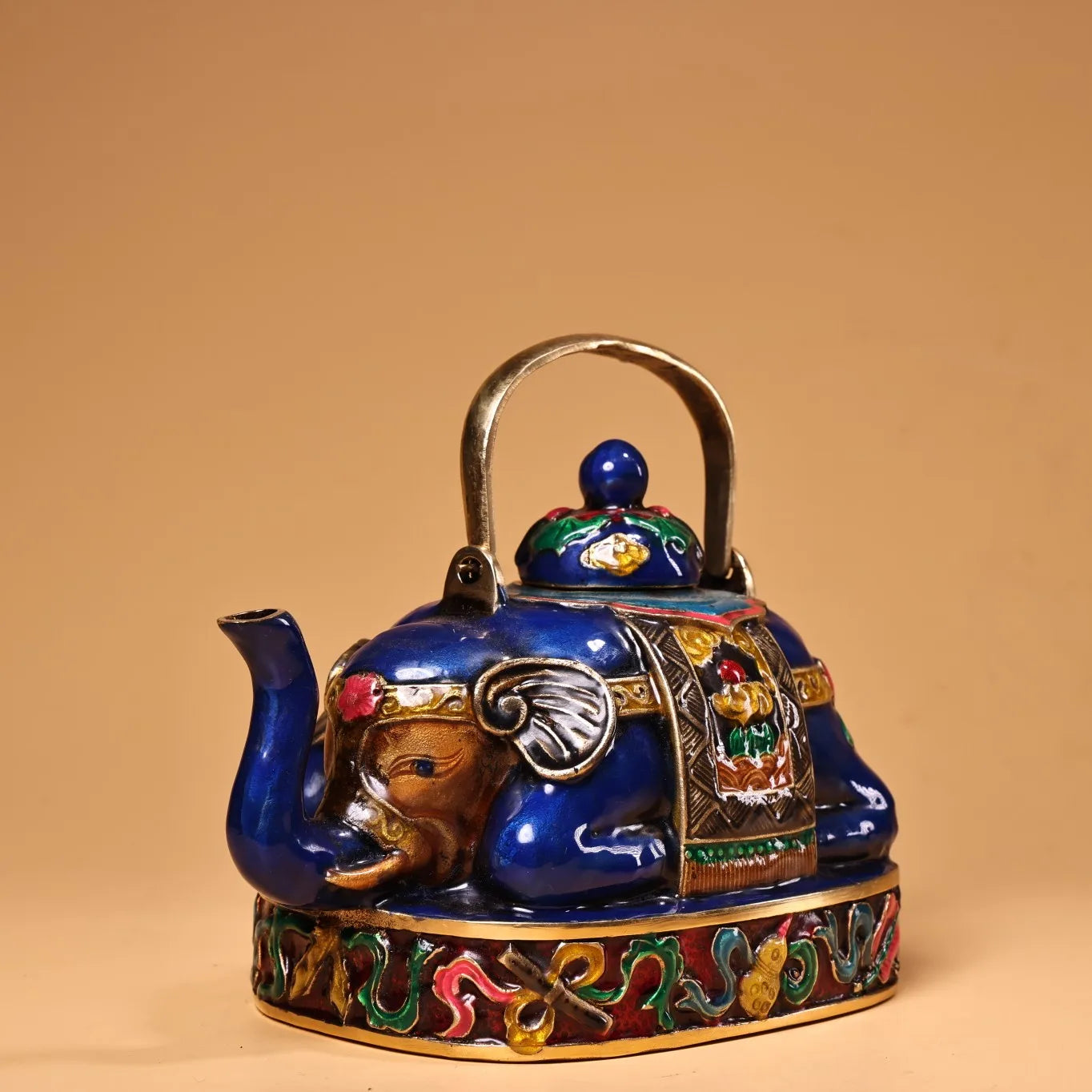 6"Tibetan Temple Collection Old Bronze Cloisonne Elephant Statue Kettle Teapot Flagon Gather fortune Ornament Town house