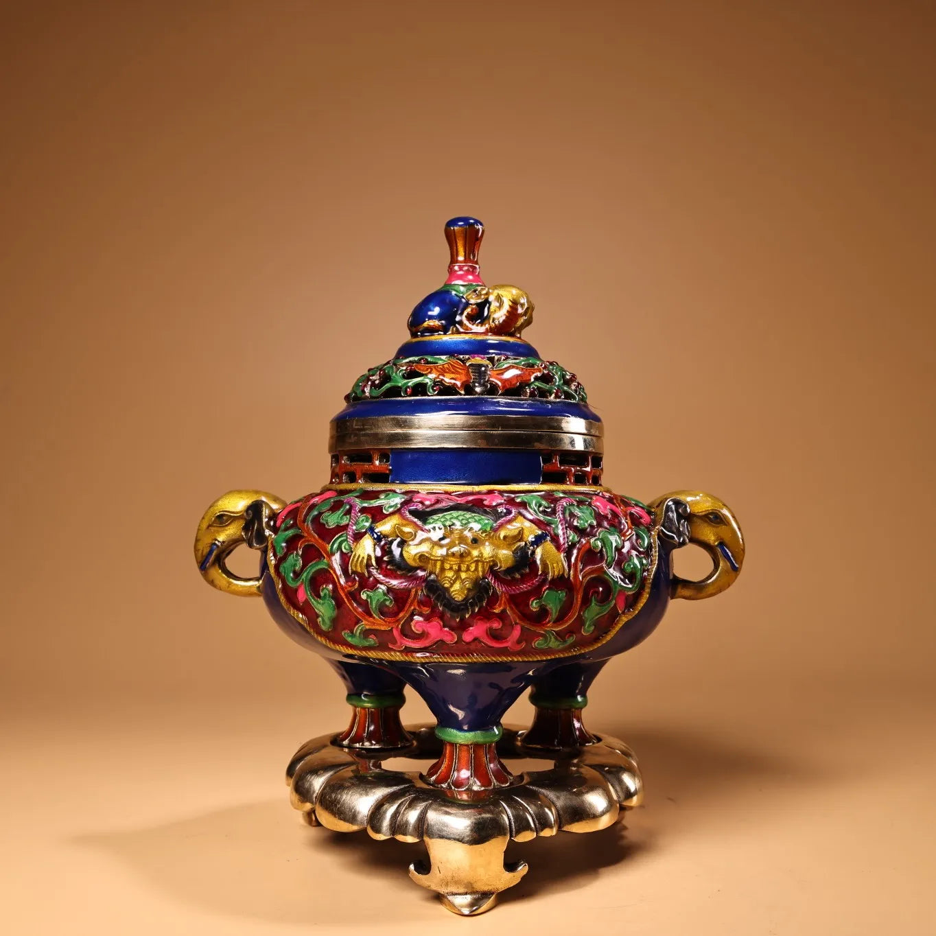 8" Bronze Cloisonné Elephant Incense Burner – Three-Legged Temple Censer