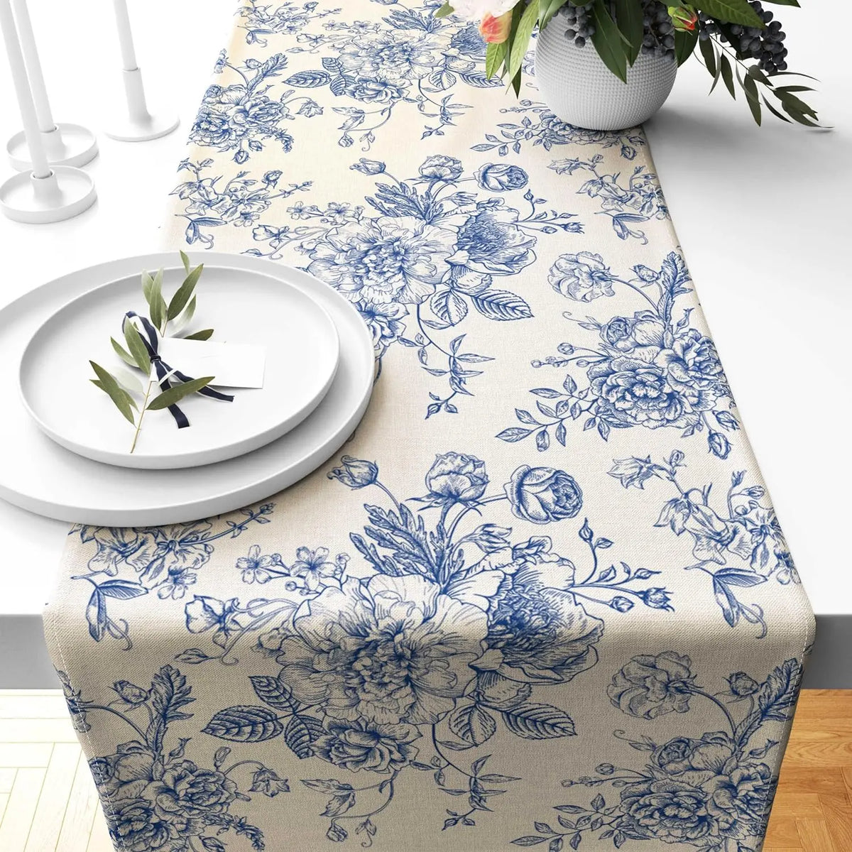 Chinoiserie Floral Linen Table Runner