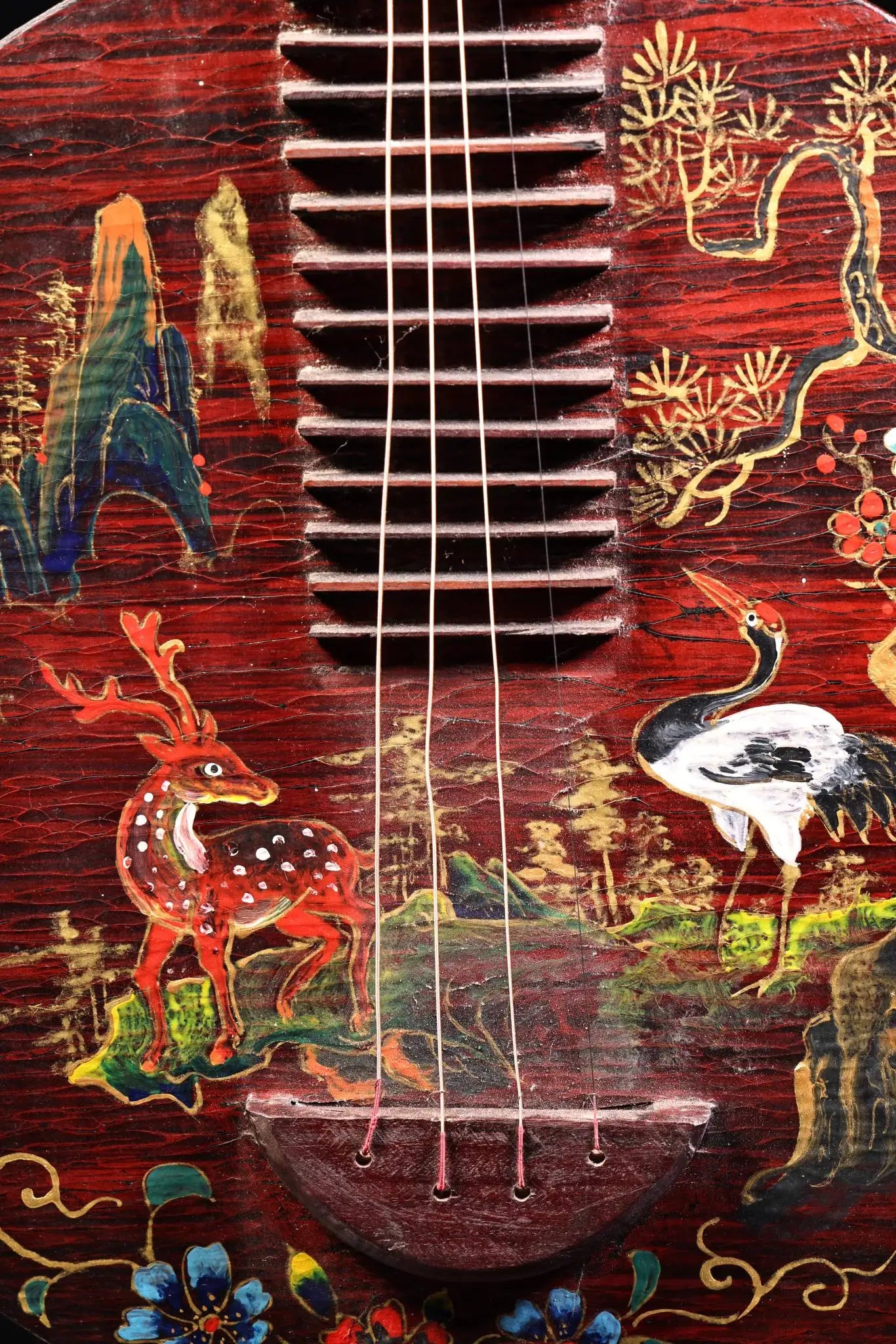 Wooden Lacquerware Deer & Crane Yueqin / Pipa – Asian Home Decor Instrument