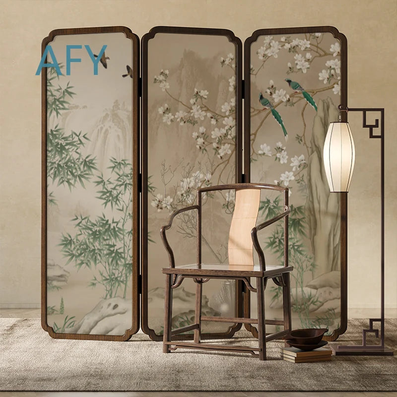 Zen Wood Folding Screen Partition | Floral & Bird Room Divider