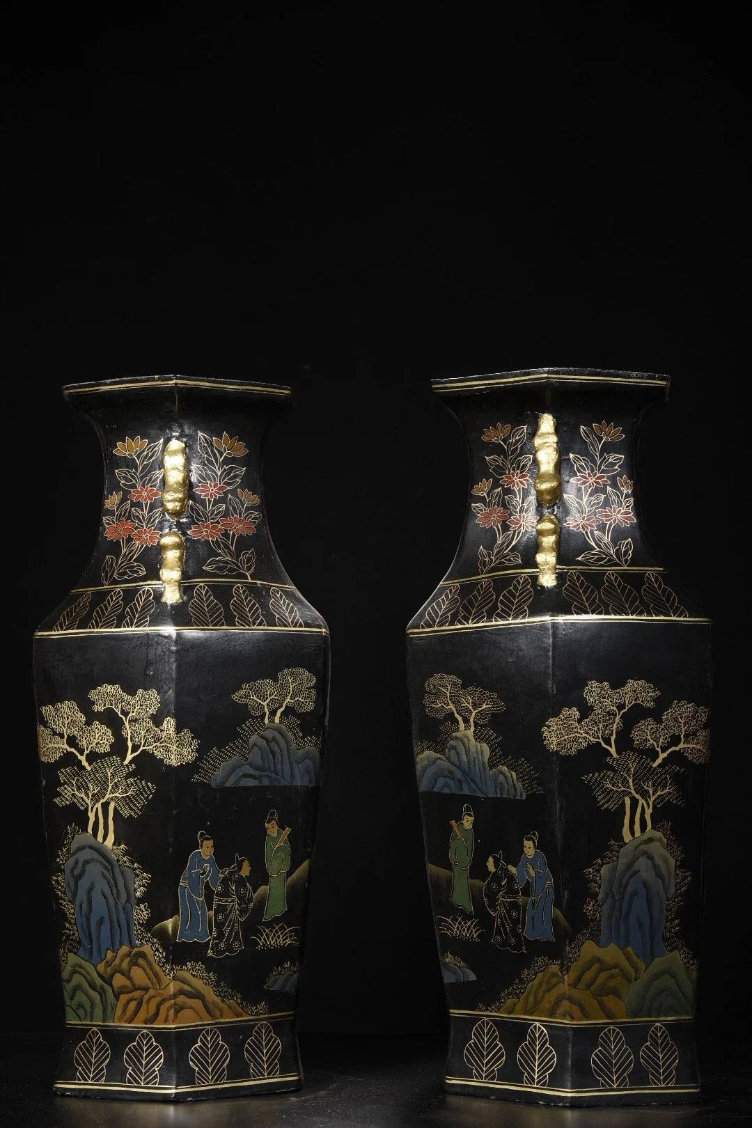 22"Tibetan Temple Collection Old Wood Lacquerware Outline in gold Tlandscape Pattern poetry Hexagonal Bottle Vase A Pair