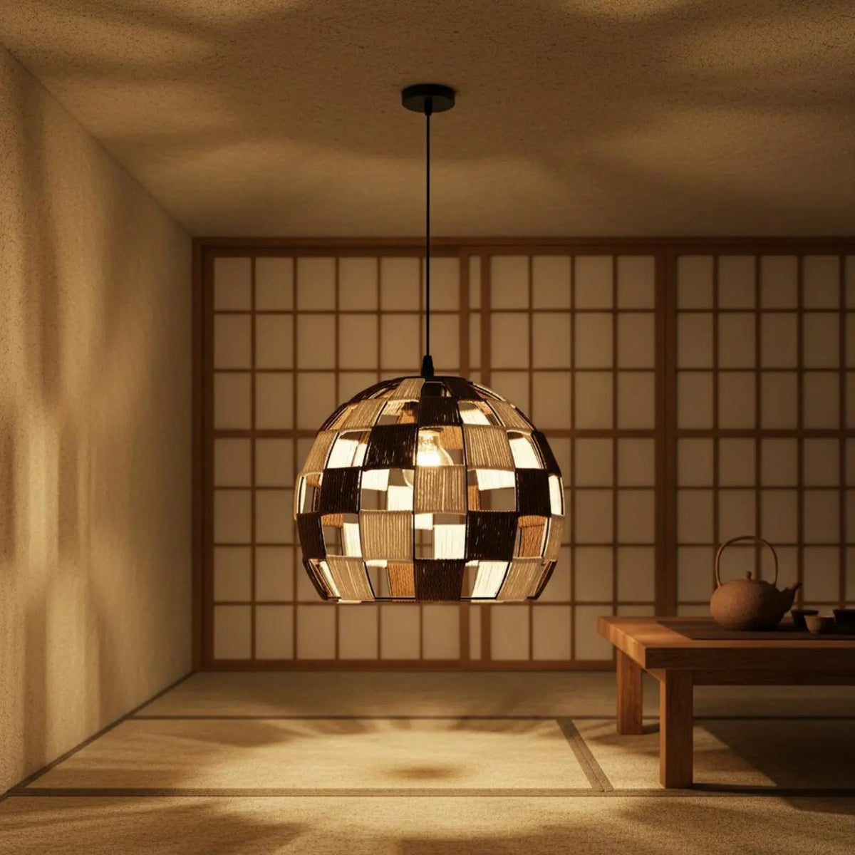 Natural Rattan Sphere Pendant Light – Japanese Woven Globe Hanging Lamp