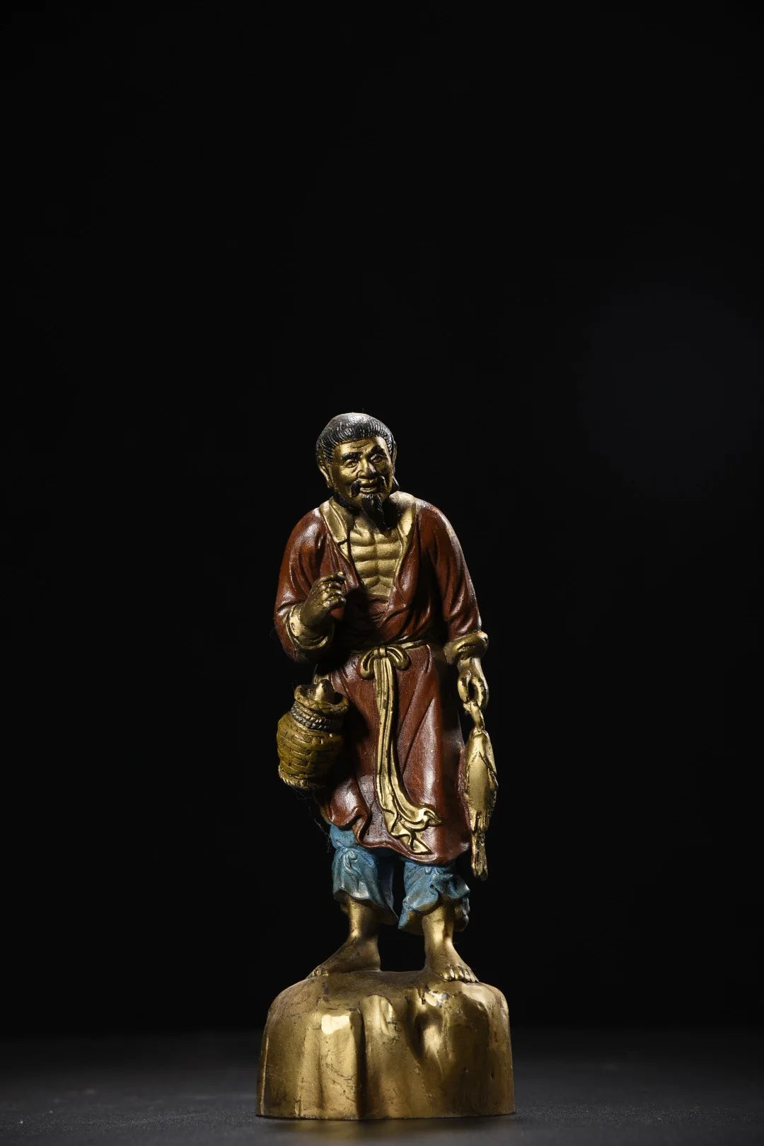 8" Tibetanische Tempelsammlung Alte Bronze Bemalte & Vergoldete Fischer Statue