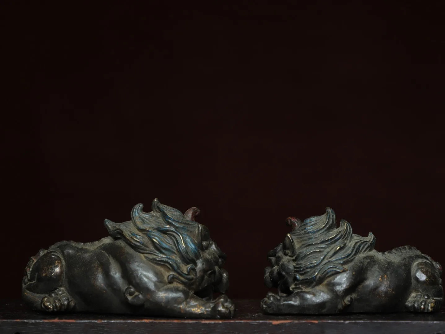 7"Tibetan Temple Collection Old Bronze Gilded Unicorn Lion Statue A Pair Divine beast Amass wealth Ornaments Town house