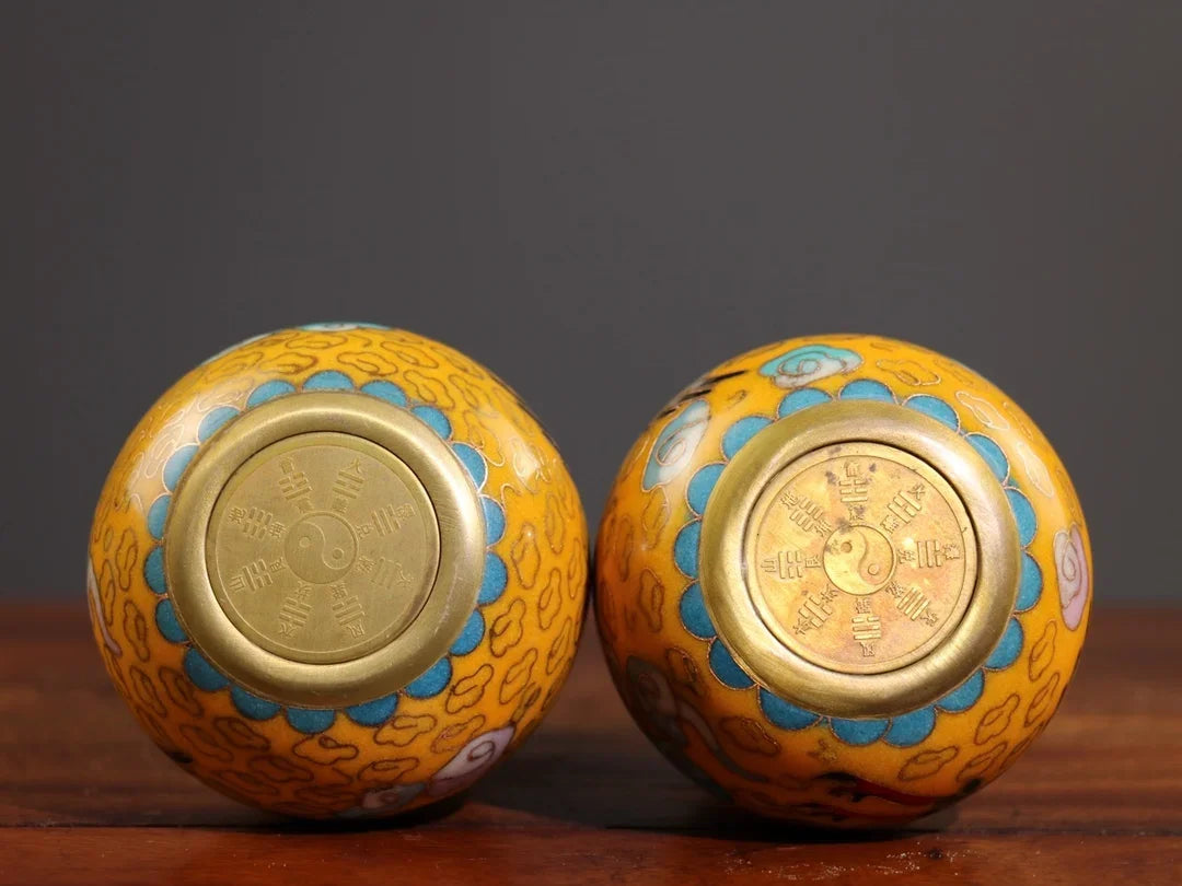7" tibetisches Bronze Cloisonné Kranich-Kürbis-Paar – Asiatische Heimdekoration