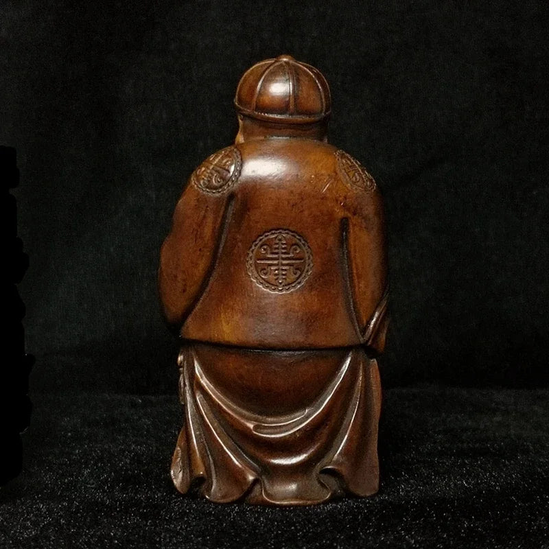 Old Chinese Japanese Boxwood Hand Carved Moneybags Rich Man God of Wealth Statue Netsuke Table Decoration