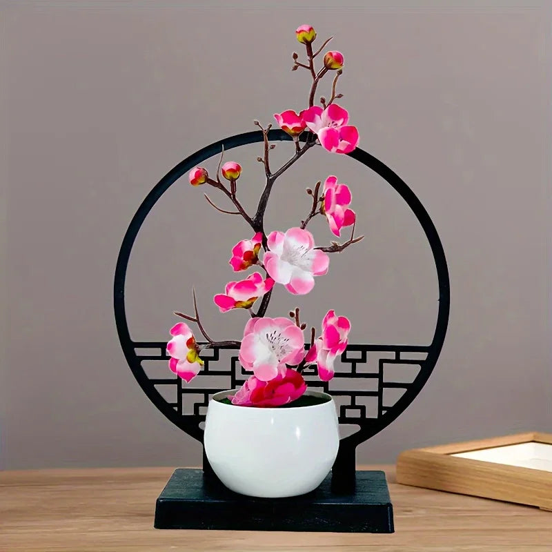 Faux Winter Plum Blossom Bonsai (Meihua) – Oriental Ceramic Tabletop Centerpiece for Tea & Living Rooms