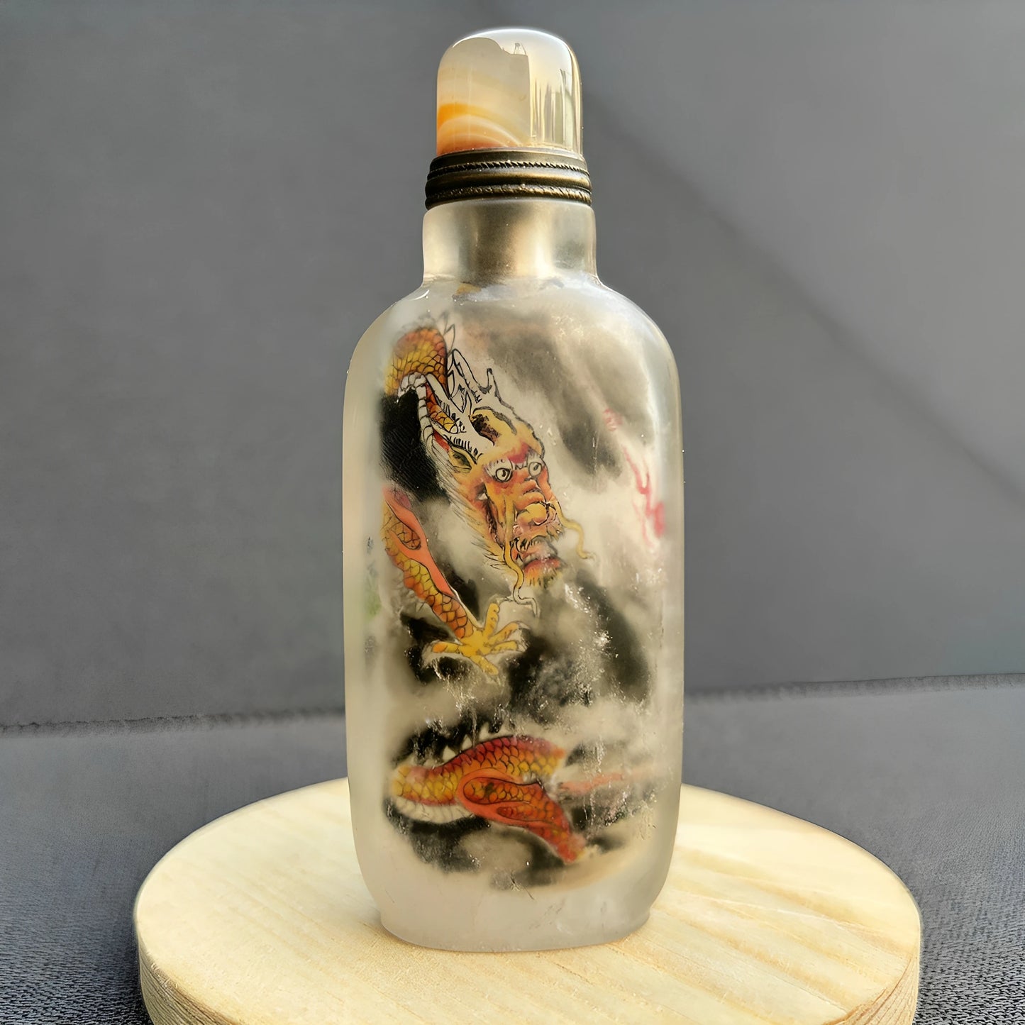 Antique Chinese Snuff Bottle with Natural Crystal and Inside Painting - Dragon Design