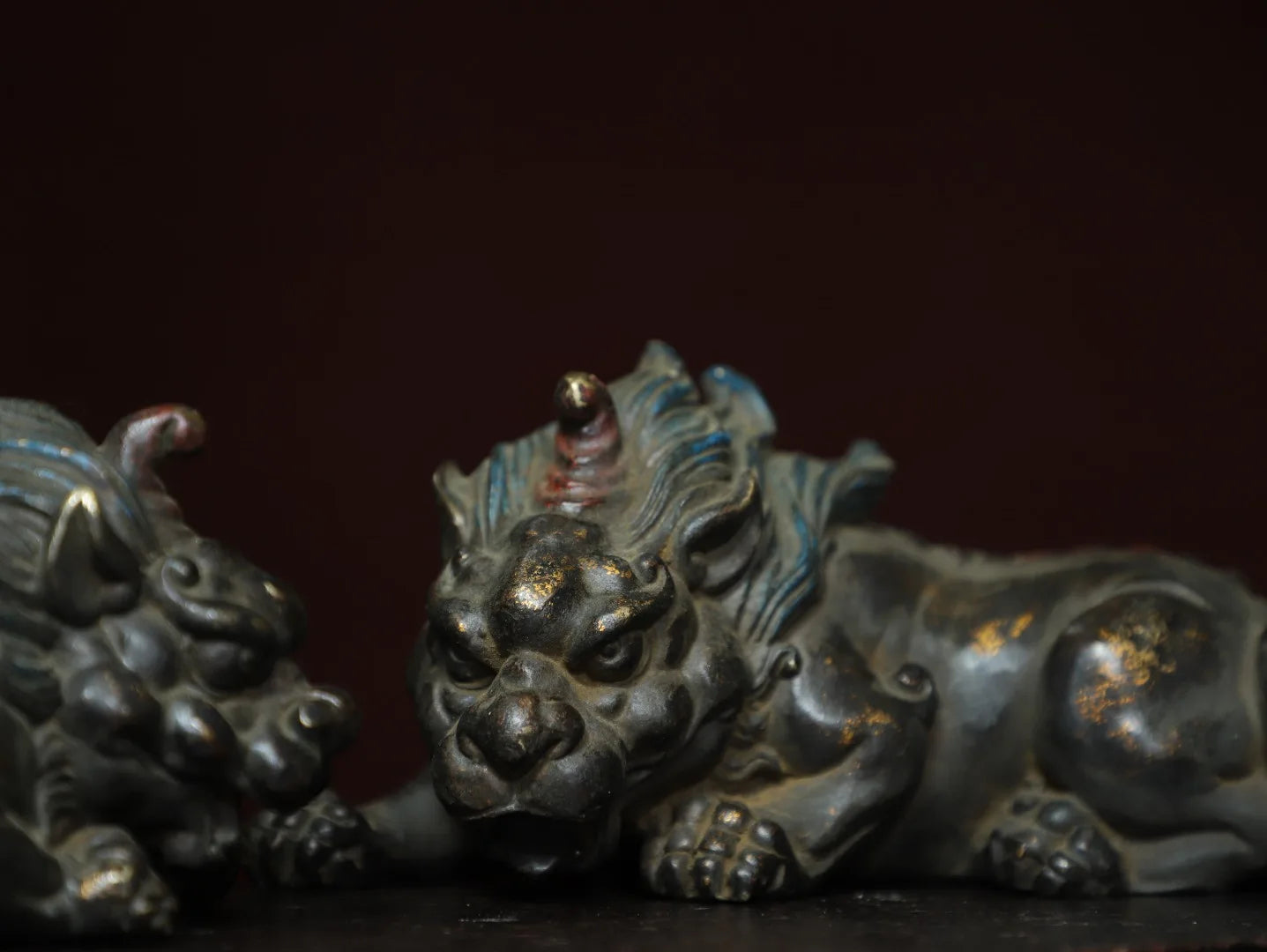7"Tibetan Temple Collection Old Bronze Gilded Unicorn Lion Statue A Pair Divine beast Amass wealth Ornaments Town house