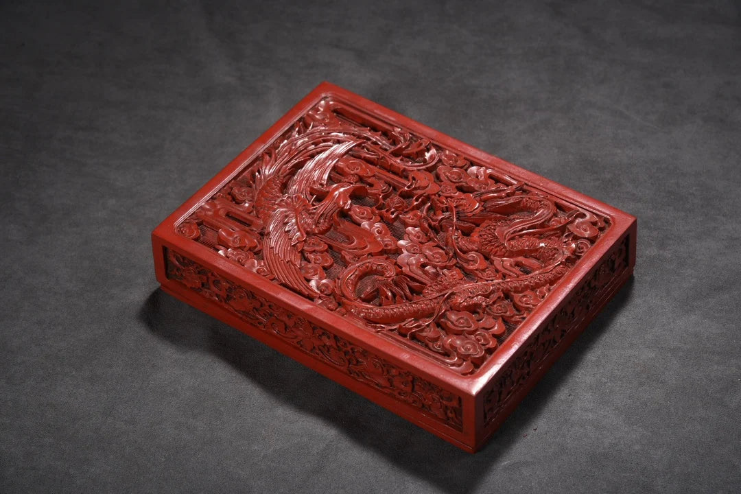 Caja de laca Fénix Cinabrio Carmesí – Almacenamiento decorativo para el hogar asiático
