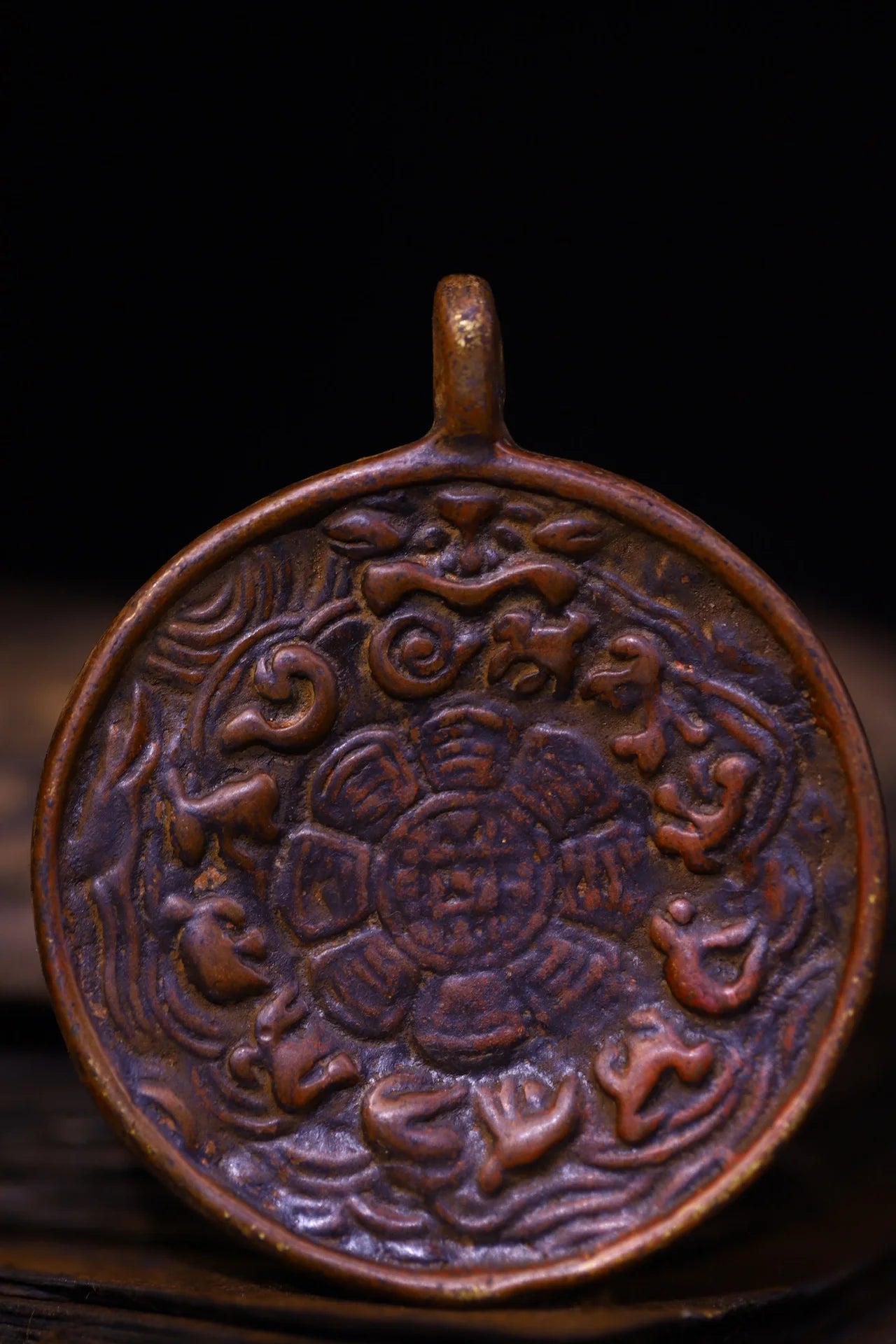 Tibetan Temple Bronze & Cinnabar Dragon Amulet – Buddha Card Pendant