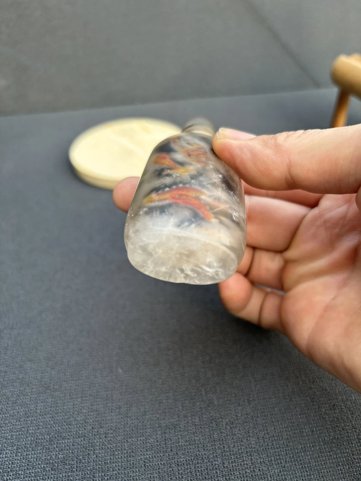 Antique Chinese Snuff Bottle with Natural Crystal and Inside Painting - Dragon Design