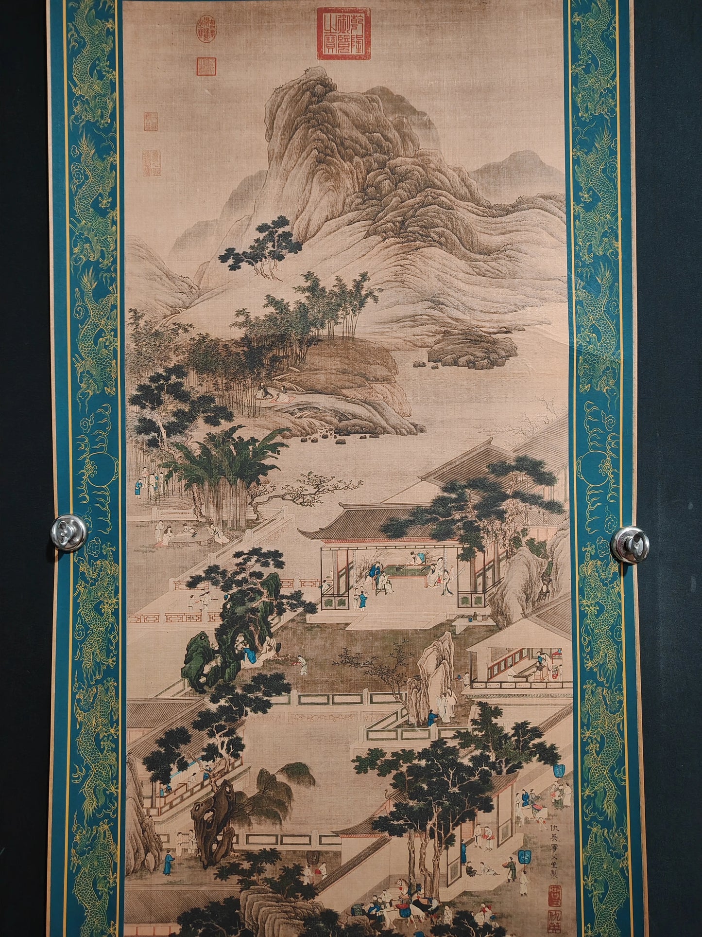 A wall scroll hanging painting of Qiu Ying's landscape on Chinese Xuan paper for the central hall decoration