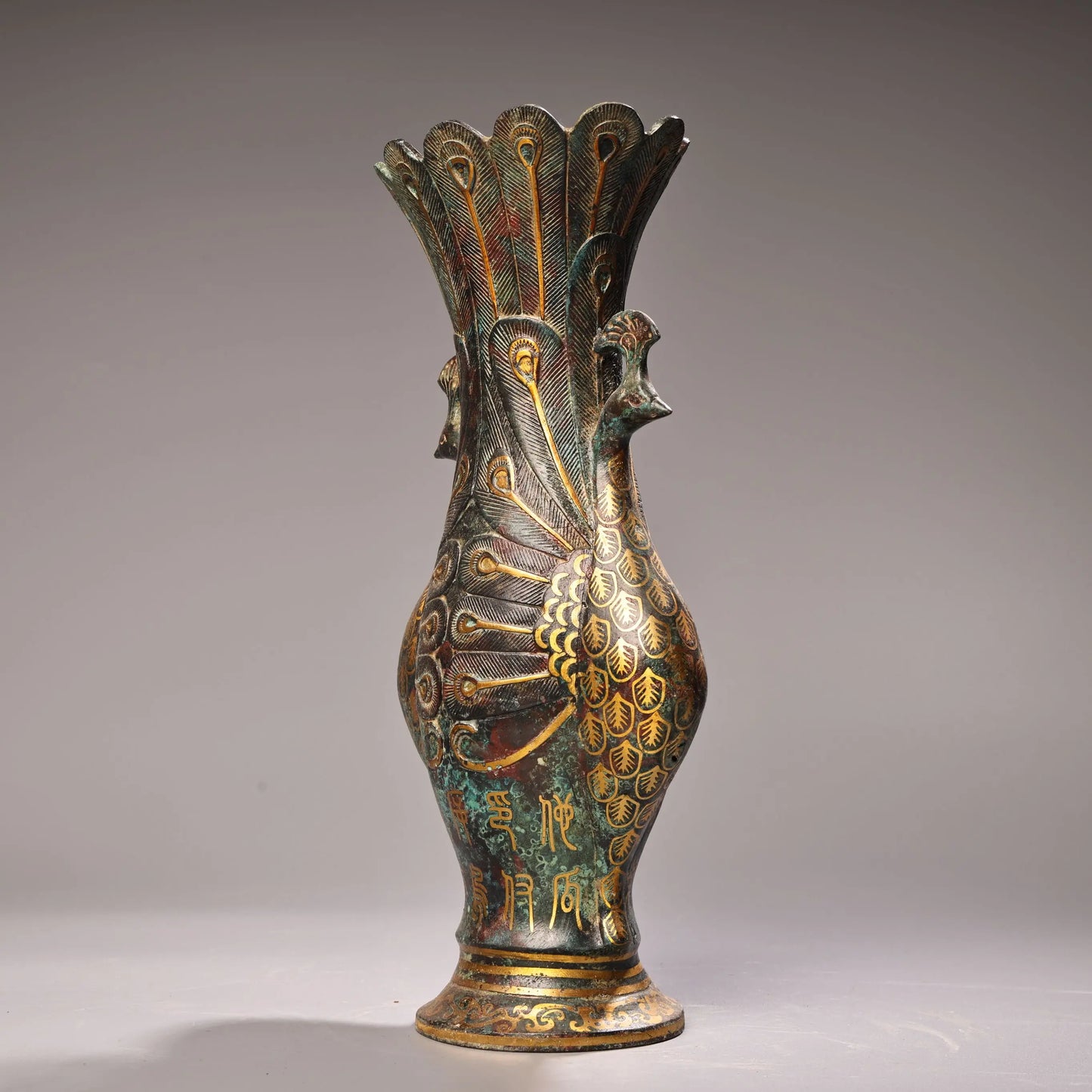 11"Tibetan Temple Collection Old Bronze Gilded Ancient handwriting symbol Peacock Kaiping Vase Peacock Bottle Amass wealth