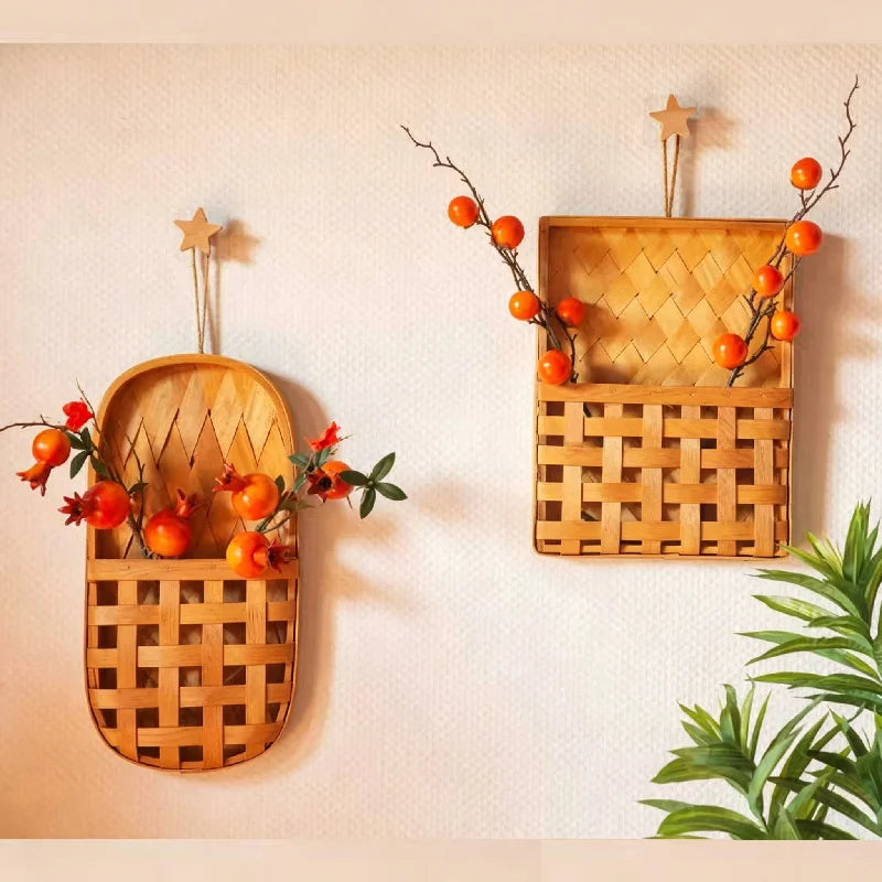 Hand-Woven Bamboo Wall Hanging Basket – Farmhouse Wall Pocket Planter
