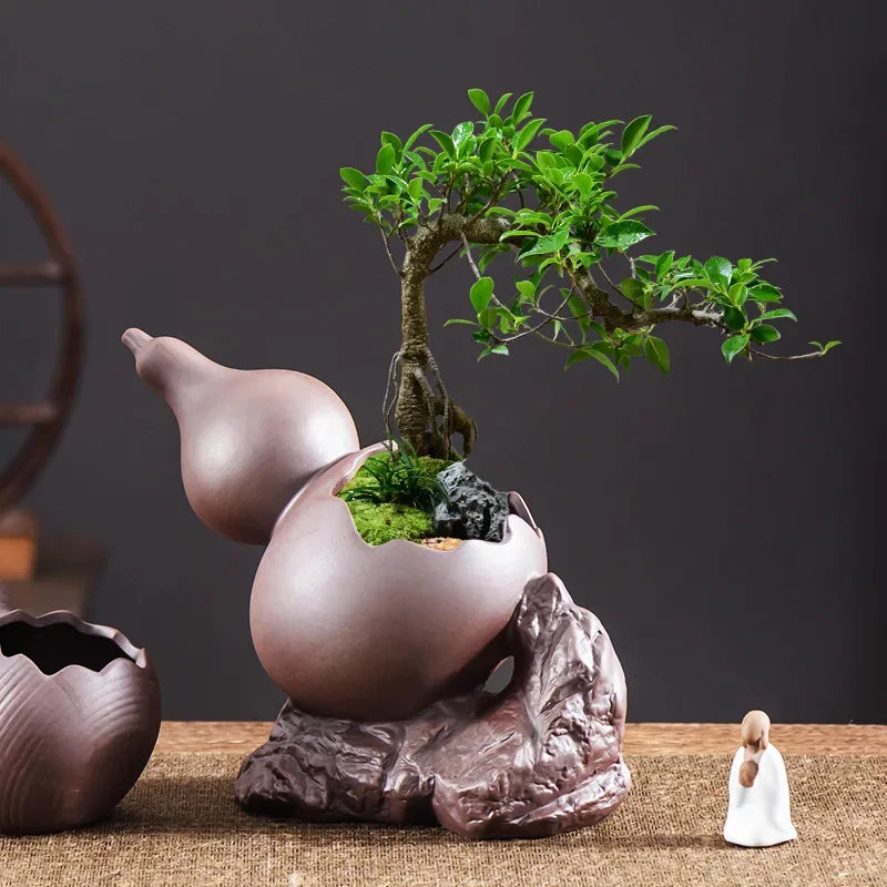 Chinese Purple Clay Gourd Bonsai Pot – Zen Bamboo Landscape Desktop Planter Basin