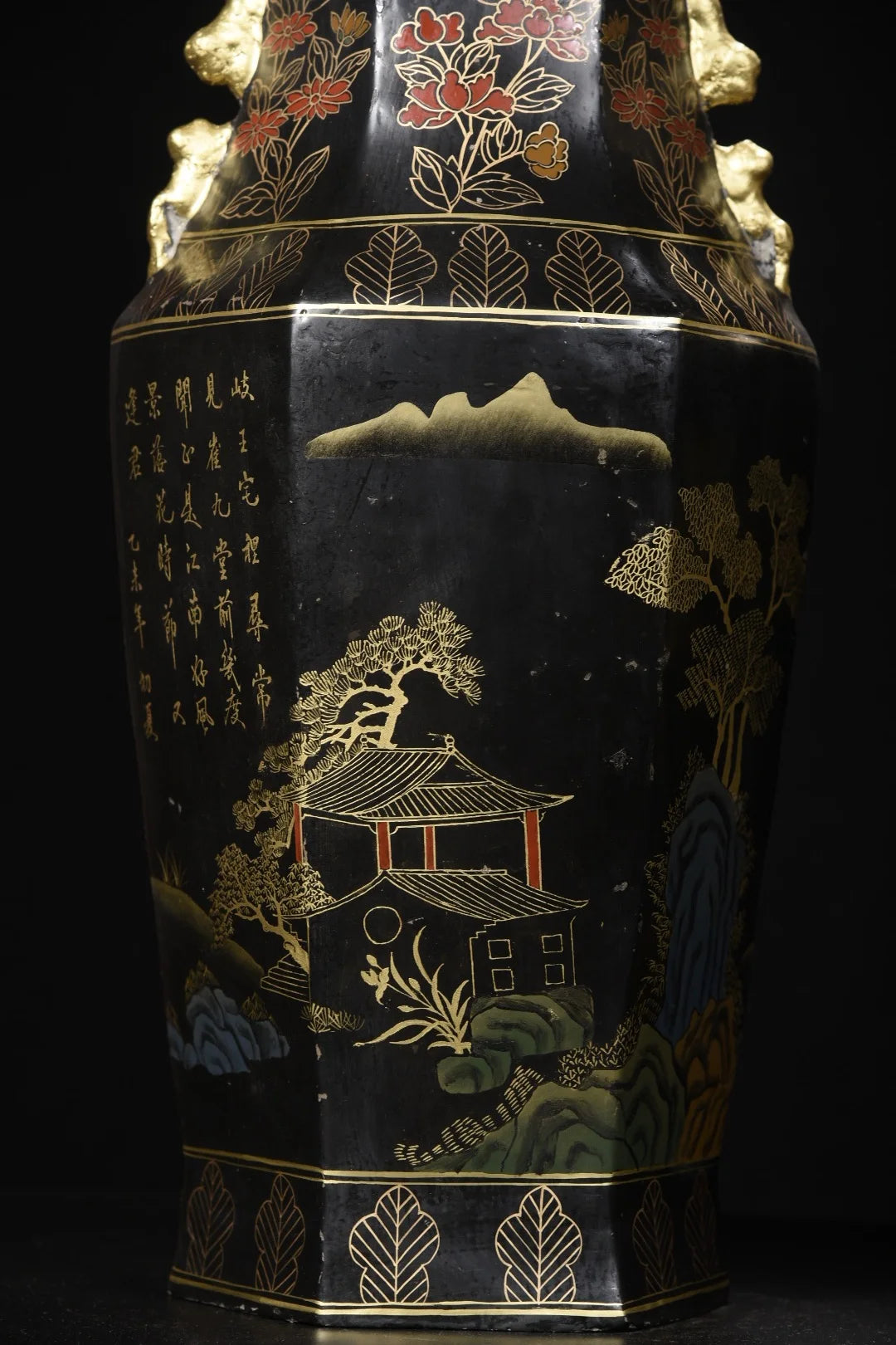 22"Tibetan Temple Collection Old Wood Lacquerware Outline in gold Tlandscape Pattern poetry Hexagonal Bottle Vase A Pair