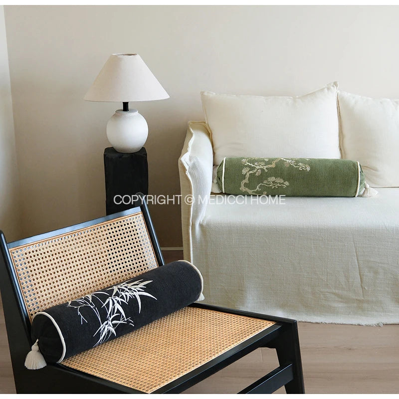 Luxury Bamboo Embroidery Cylindrical Bolster Cover (16×57cm) – Chinoiserie Neck Roll & Daybed Cushion Case