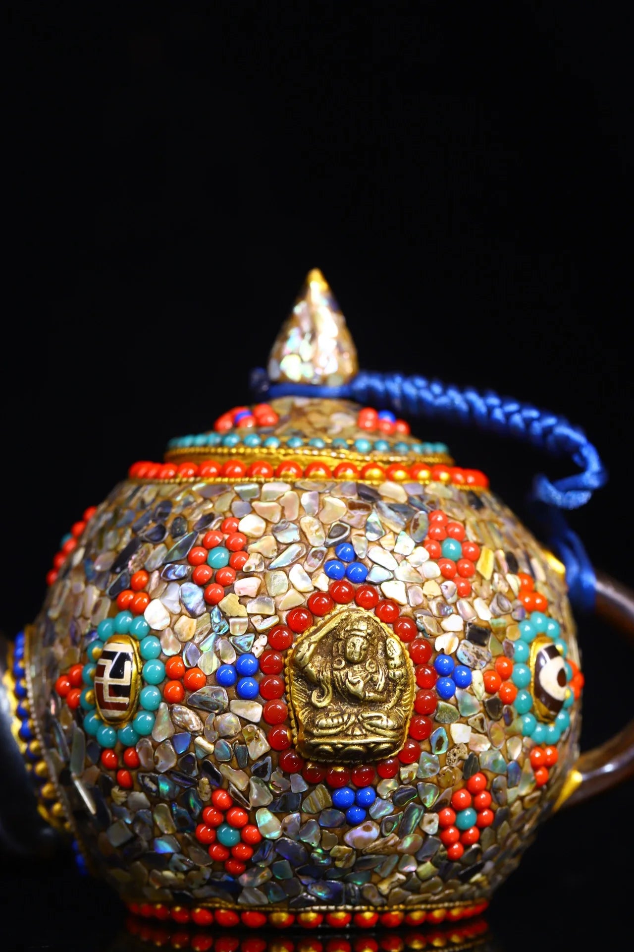 6"Tibetan Temple Collection Old Natural Horn Mosaic Gem gZi Beads Shell Butter pot Beam jug kettle teapot Manjusri Town House