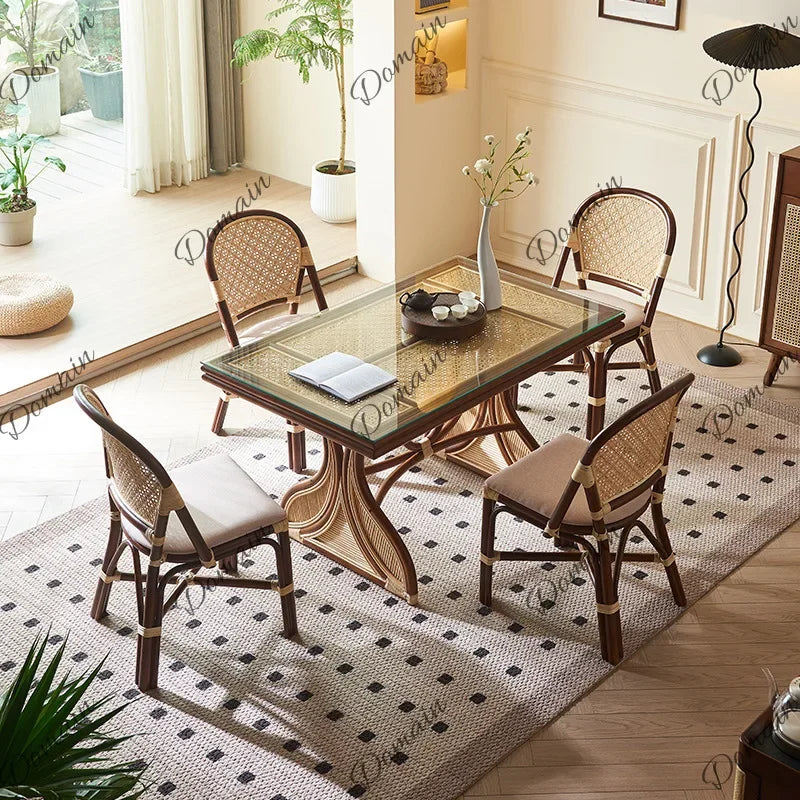 V81 Southeast Asian Rattan Dining Table Vintage Rustic Creative Art Table Chair Set Rectangular Restaurant Furniture