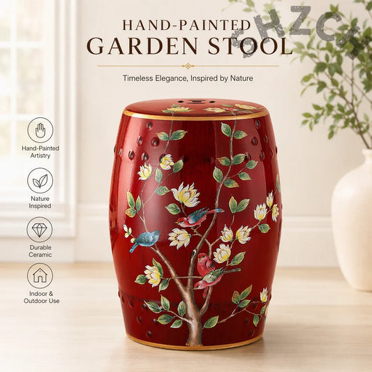 Hand-Painted Ceramic Drum Stool with Floral Bird Motif – Porcelain Oriental Accent Ottoman for Living Room or Entryway